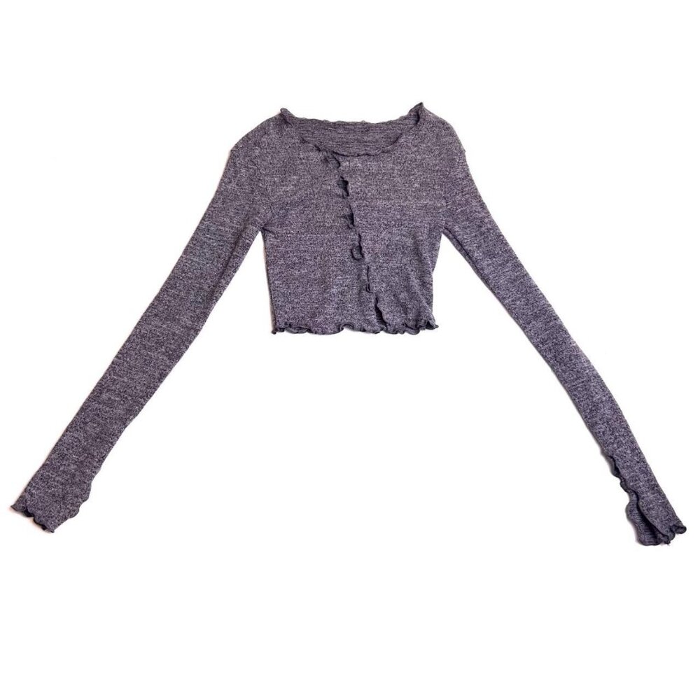 grey long sleeve crop top w/ ruffle detailing